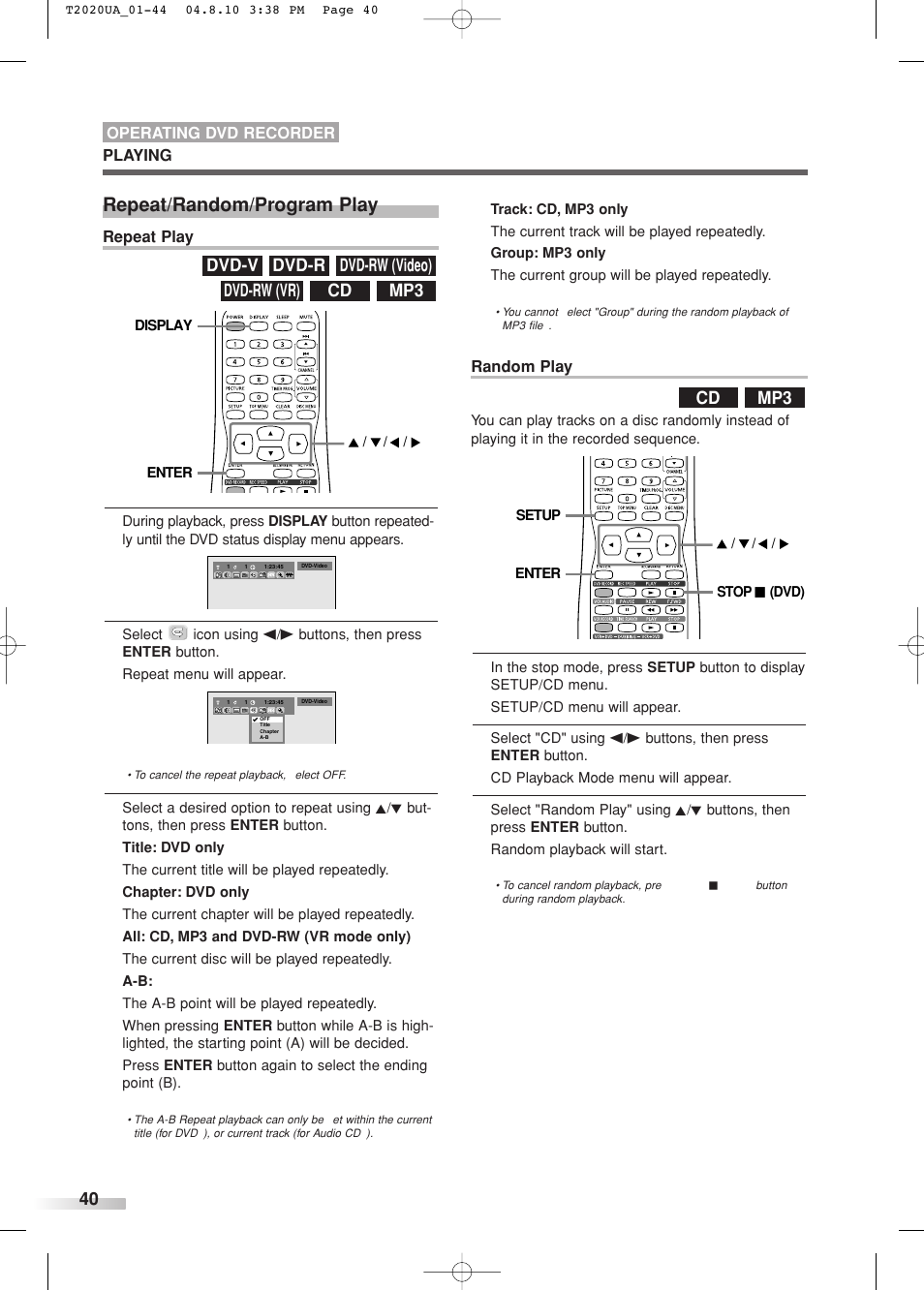 Repeat/random/program play, Mp3 cd dvd-rw (vr) dvd-rw (video) dvd-r dvd-v, Mp3 cd | Sylvania SREC427 User Manual | Page 40 / 88