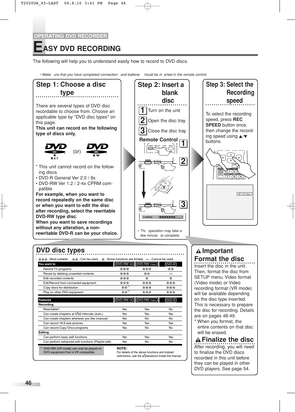 Asy dvd recording, Step 1: choose a disc type, Step 2: insert a blank disc | Important format the disc, Finalize the disc, Dvd disc types, Step 3: select the recording speed | Sylvania SREC427 User Manual | Page 46 / 88