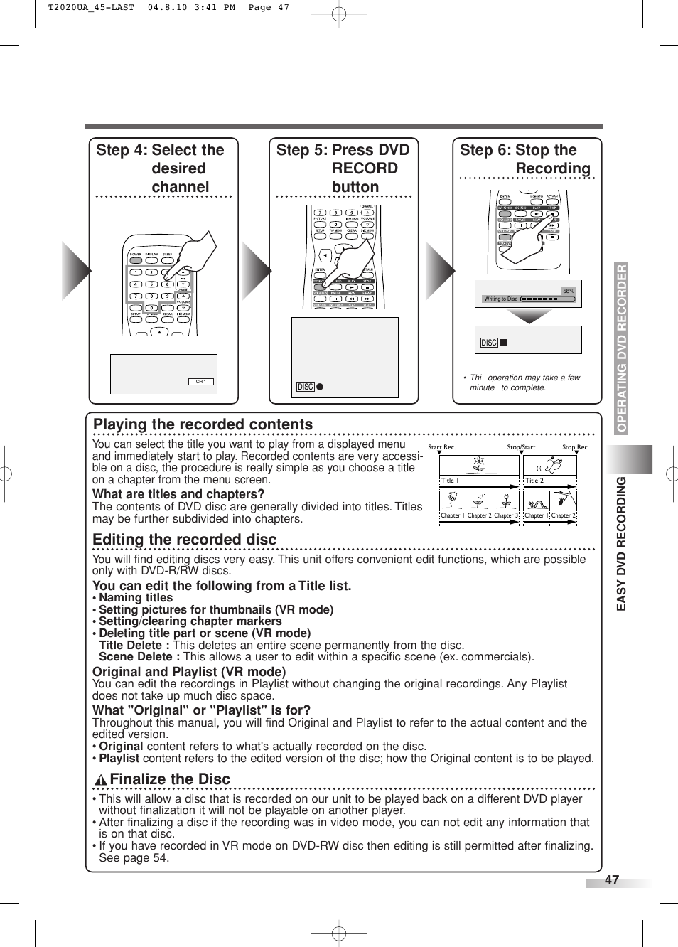 Playing the recorded contents, Editing the recorded disc, Finalize the disc | Sylvania SREC427 User Manual | Page 47 / 88