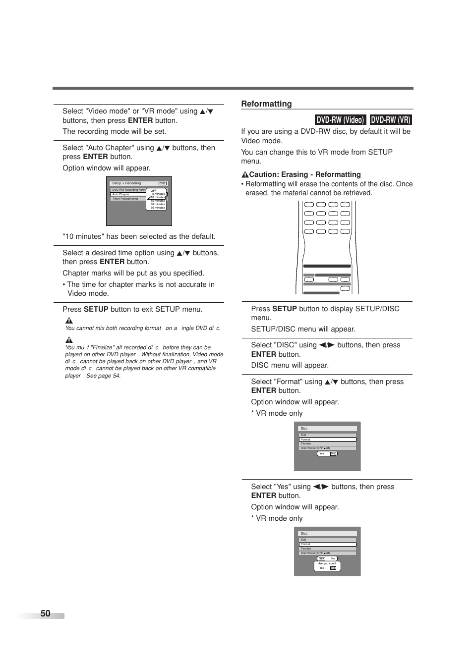 Dvd-rw (vr) dvd-rw (video), Reformatting | Sylvania SREC427 User Manual | Page 50 / 88