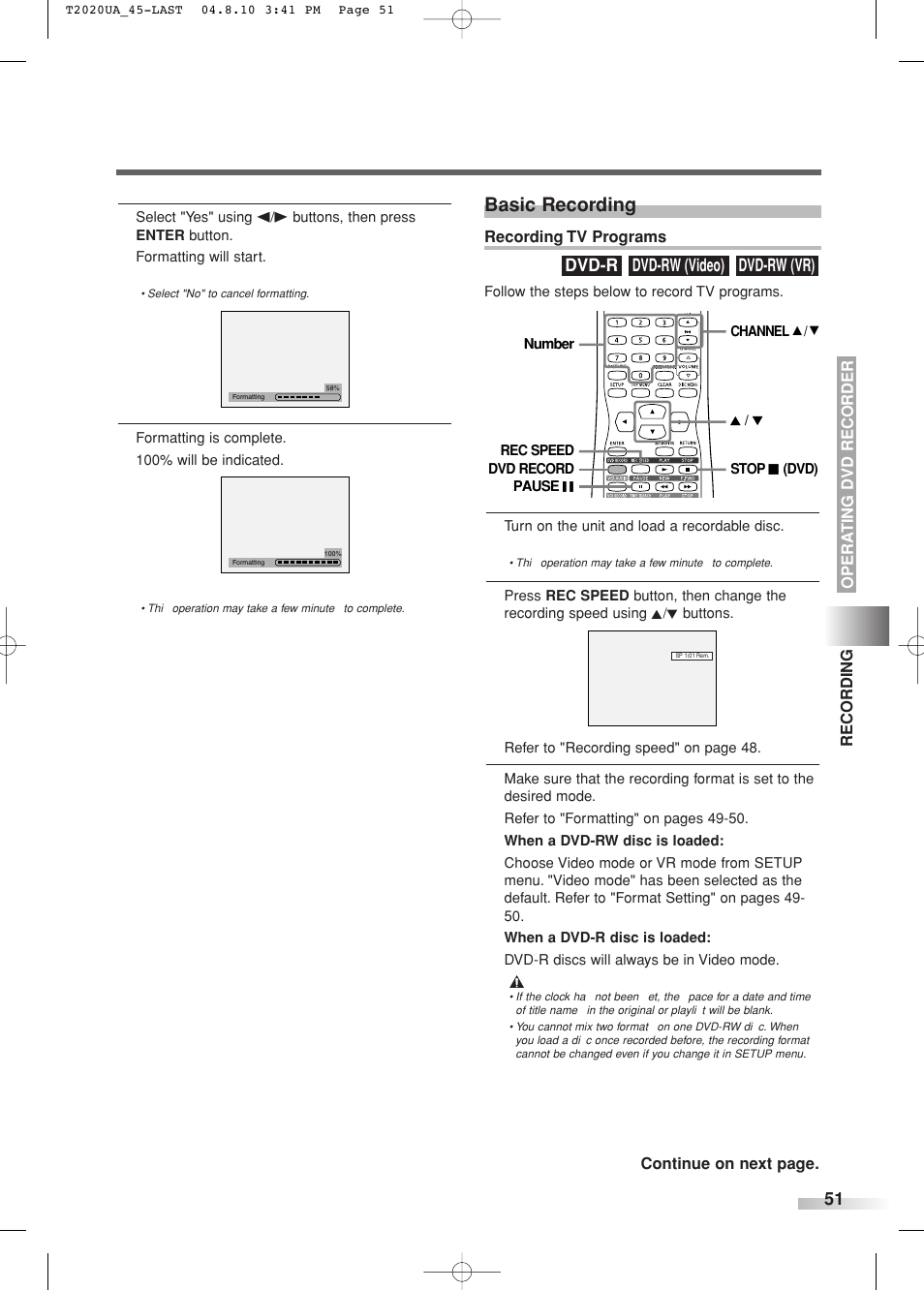 Basic recording, Dvd-rw (vr) dvd-rw (video) dvd-r | Sylvania SREC427 User Manual | Page 51 / 88