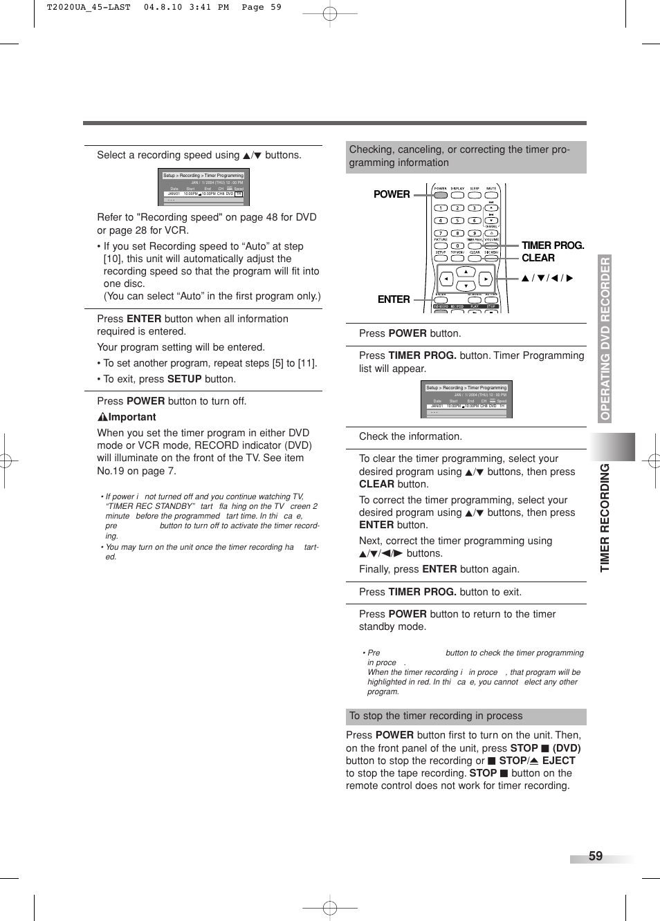 Opera ting d vd recorder timer recording | Sylvania SREC427 User Manual | Page 59 / 88