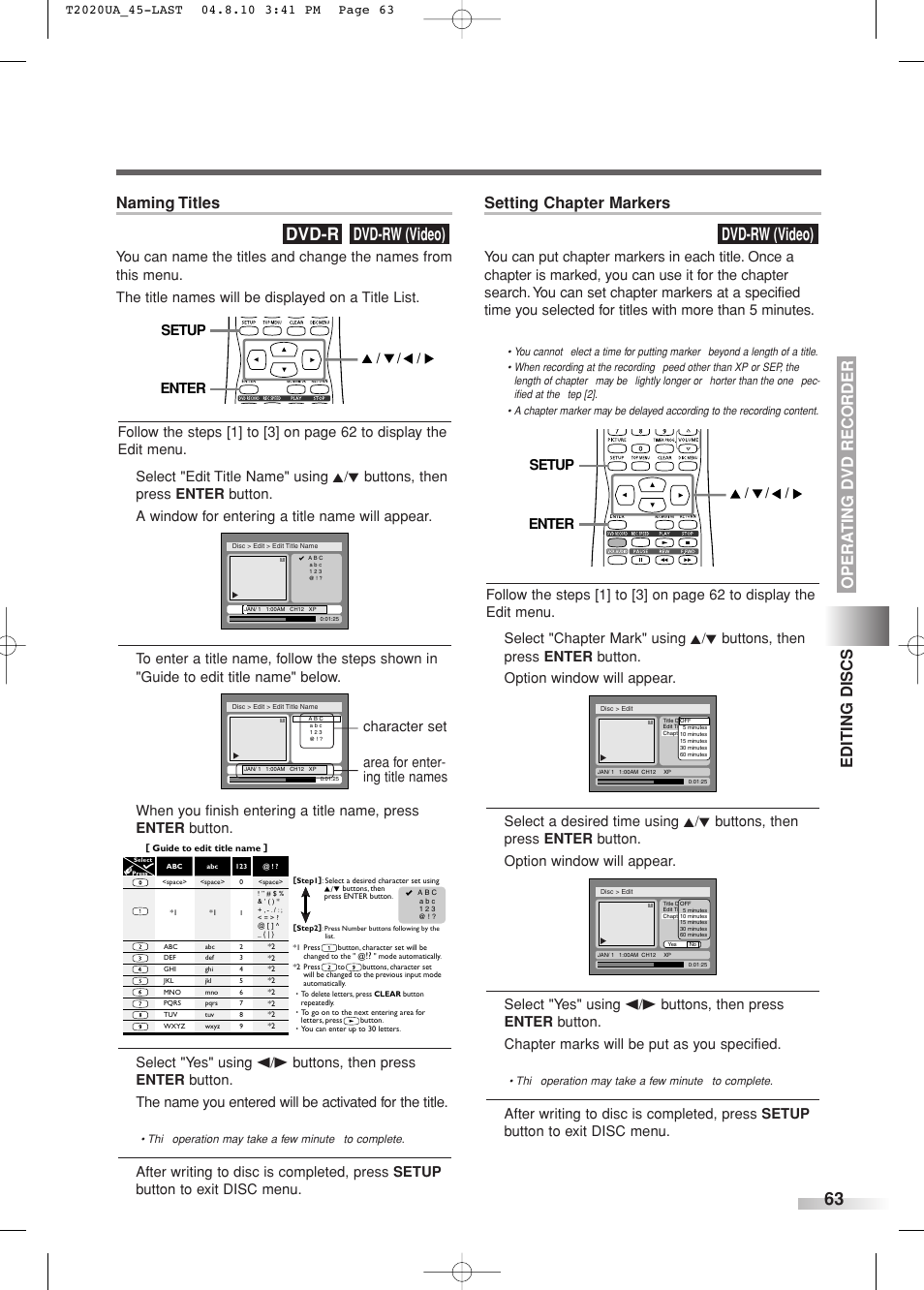 Dvd-rw (video), Dvd-rw (video) dvd-r, Naming titles | Enter setup | Sylvania SREC427 User Manual | Page 63 / 88