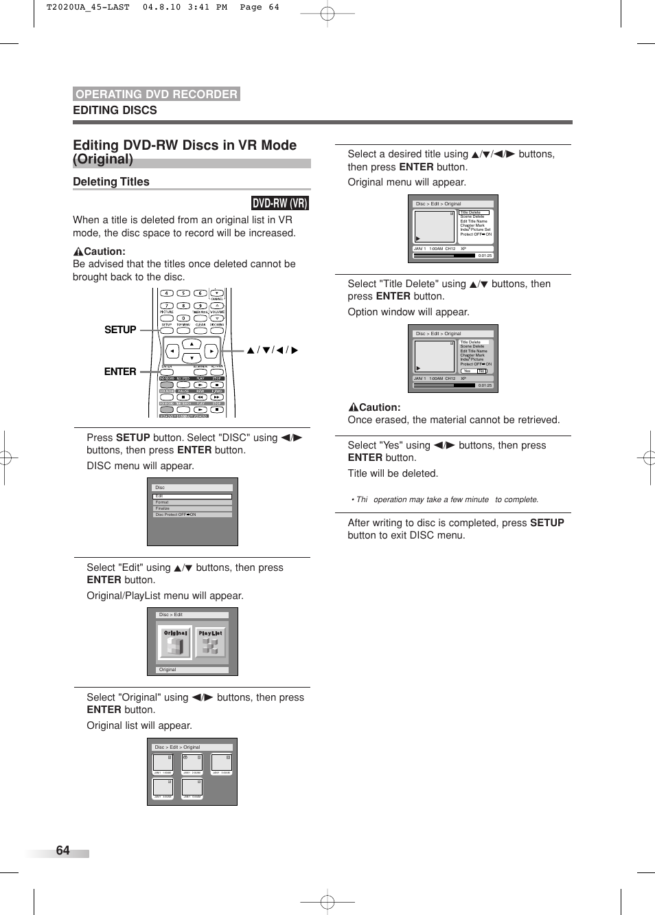 Editing dvd-rw discs in vr mode (original), Dvd-rw (vr), Deleting titles | Editing discs operating dvd recorder, Enter setup | Sylvania SREC427 User Manual | Page 64 / 88