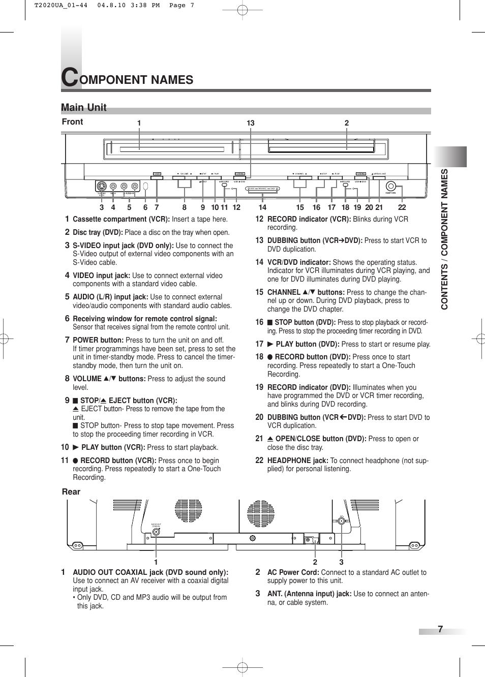 Omponent names, Main unit | Sylvania SREC427 User Manual | Page 7 / 88