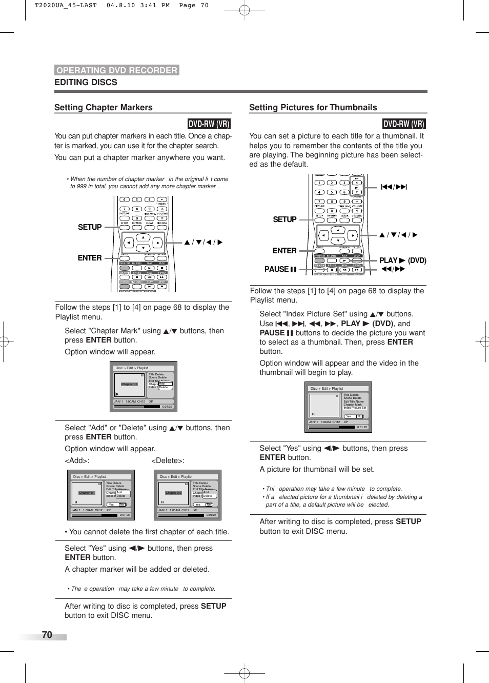 Dvd-rw (vr), Setting chapter markers, Setting pictures for thumbnails | Editing discs operating dvd recorder | Sylvania SREC427 User Manual | Page 70 / 88