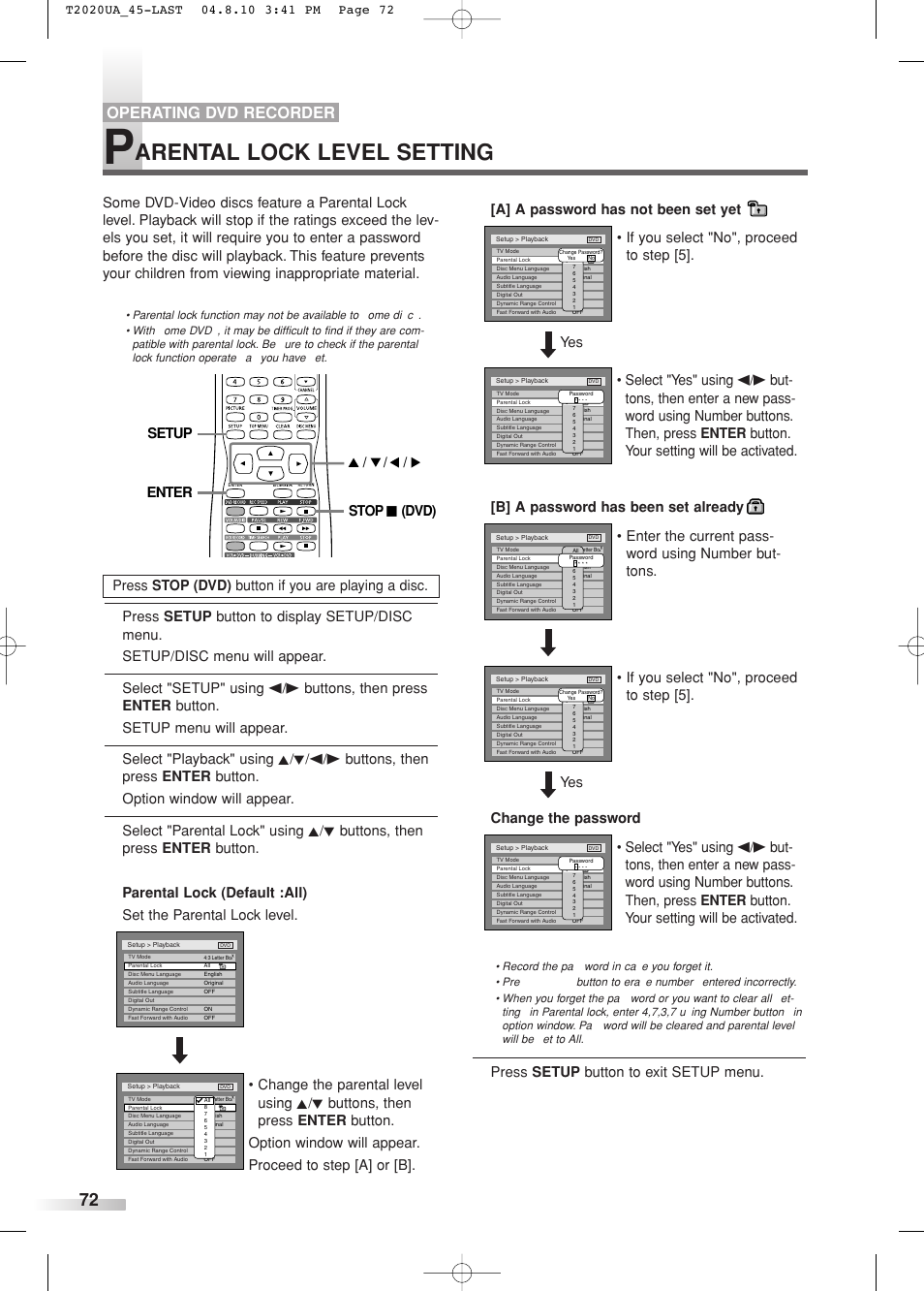 Arental lock level setting, Operating dvd recorder, Yes • if you select "no", proceed to step [5 | Sylvania SREC427 User Manual | Page 72 / 88