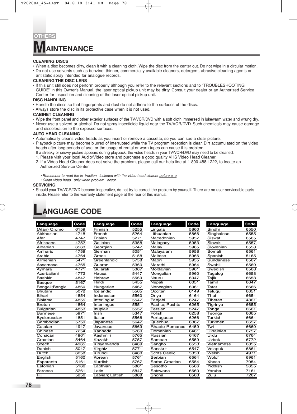 Aintenance, Anguage code, Others | Sylvania SREC427 User Manual | Page 78 / 88