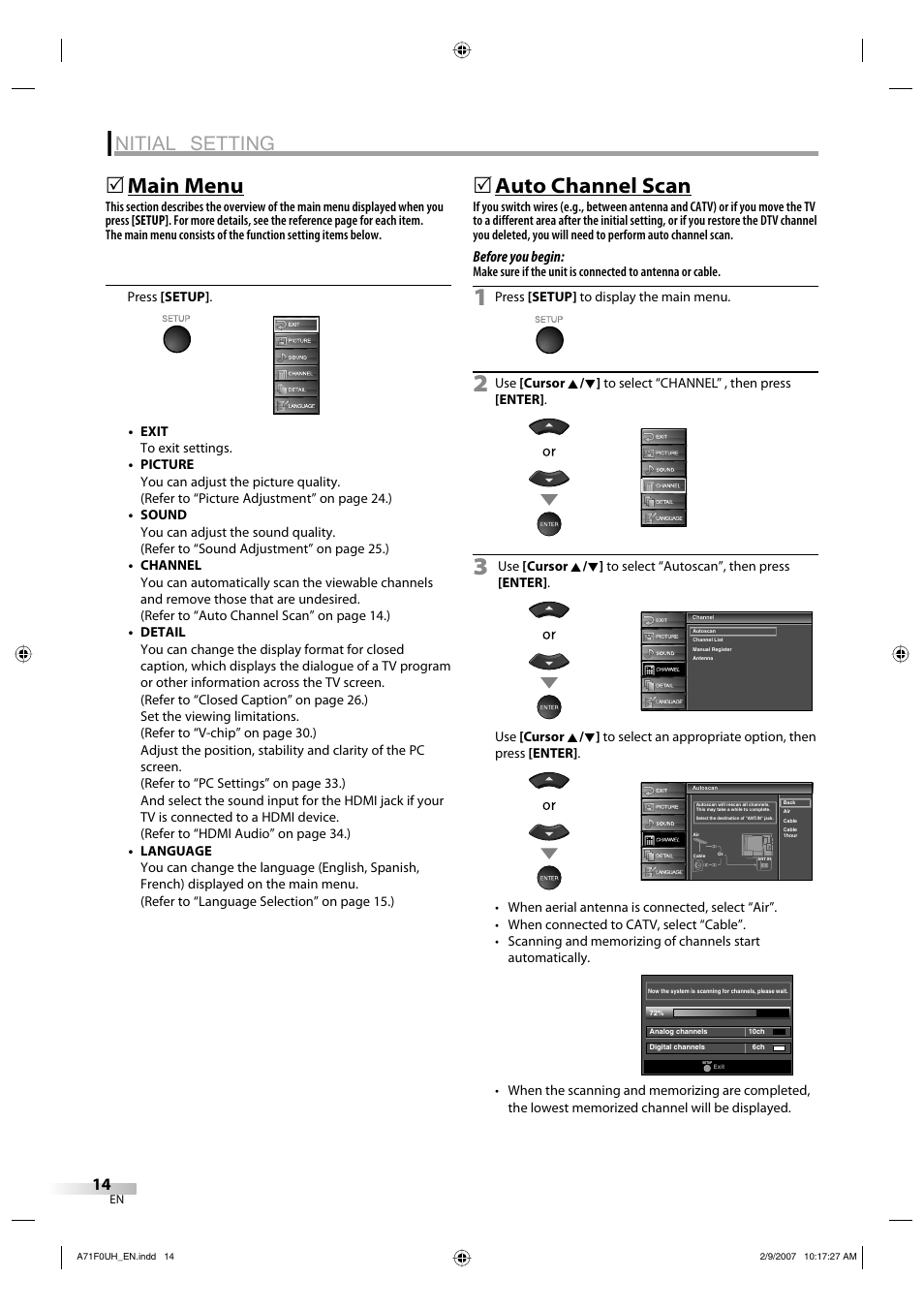 Nitial setting, Main menu, Auto channel scan | Sylvania lc320ss8 User Manual | Page 14 / 40