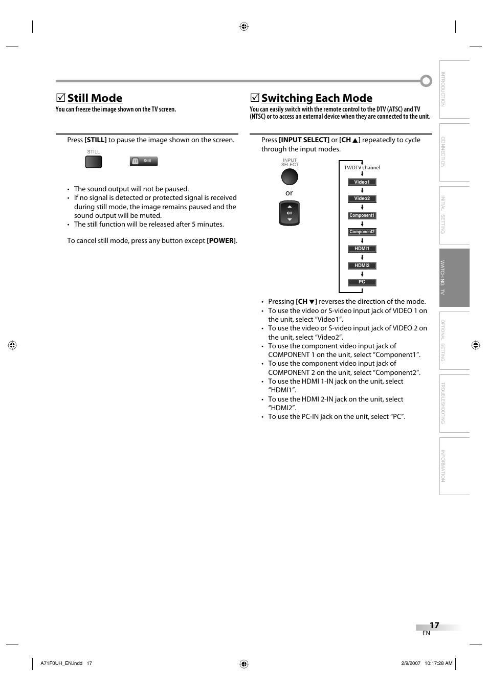 Still mode, Switching each mode | Sylvania lc320ss8 User Manual | Page 17 / 40