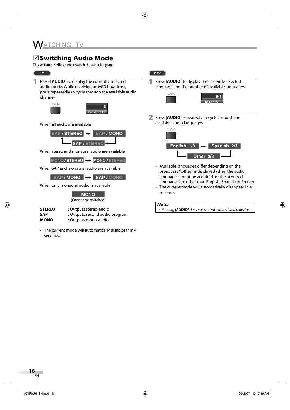 Atching tv, Switching audio mode | Sylvania lc320ss8 User Manual | Page 18 / 40