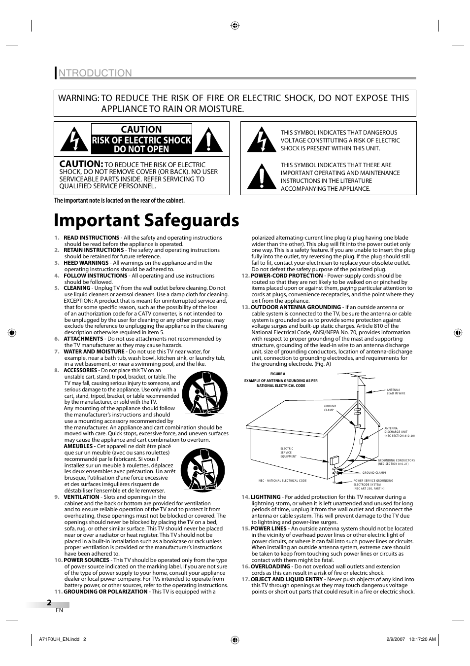 Important safeguards, Ntroduction, Caution | Caution risk of electric shock do not open | Sylvania lc320ss8 User Manual | Page 2 / 40