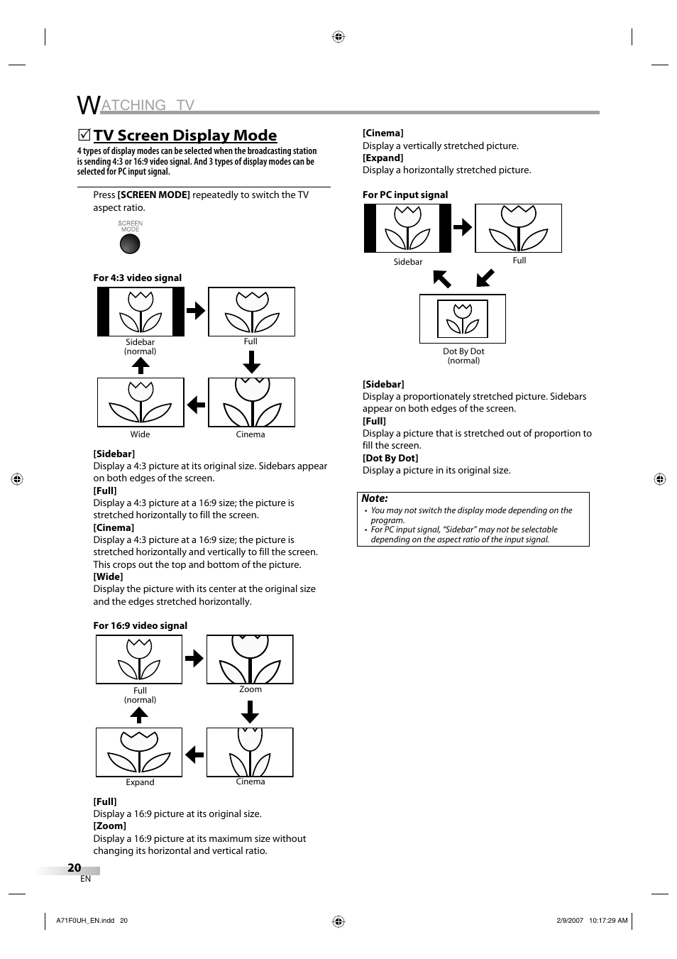 Atching tv, Tv screen display mode | Sylvania lc320ss8 User Manual | Page 20 / 40