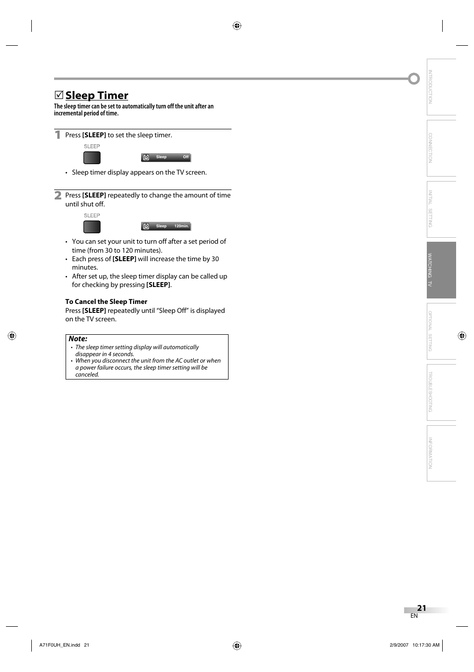 Sleep timer | Sylvania lc320ss8 User Manual | Page 21 / 40