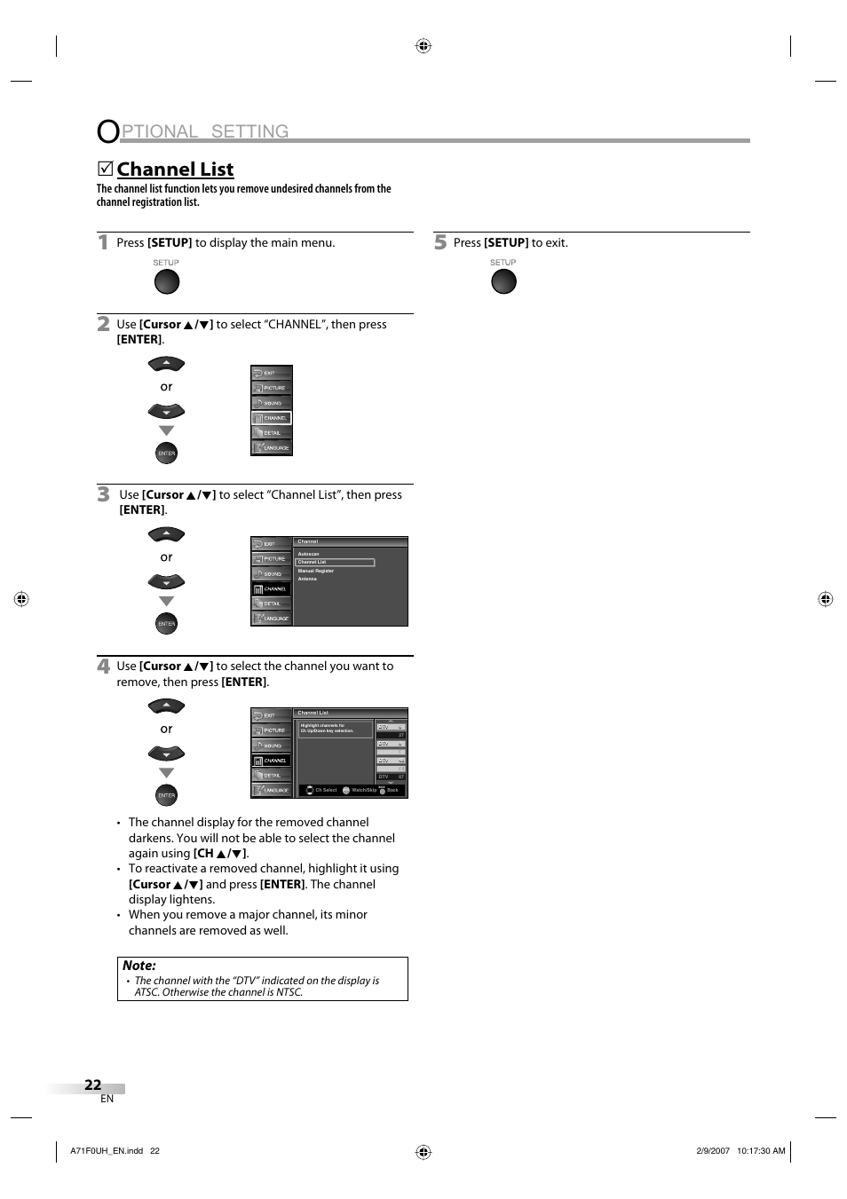 Ptional setting, Channel list | Sylvania lc320ss8 User Manual | Page 22 / 40