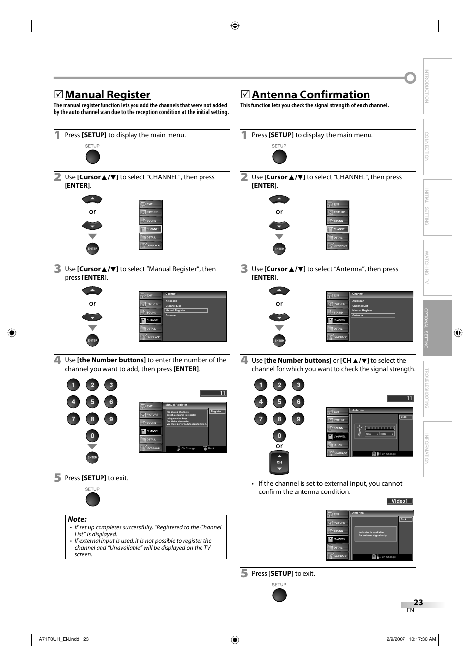 Manual register, 5antenna confirmation | Sylvania lc320ss8 User Manual | Page 23 / 40