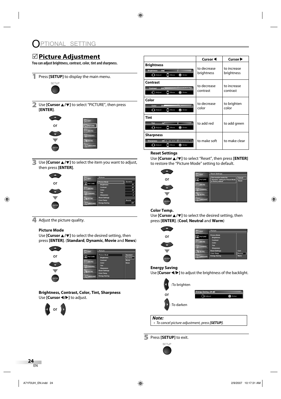 Ptional setting, Picture adjustment, Press [setup] to display the main menu | Press [setup] to exit | Sylvania lc320ss8 User Manual | Page 24 / 40