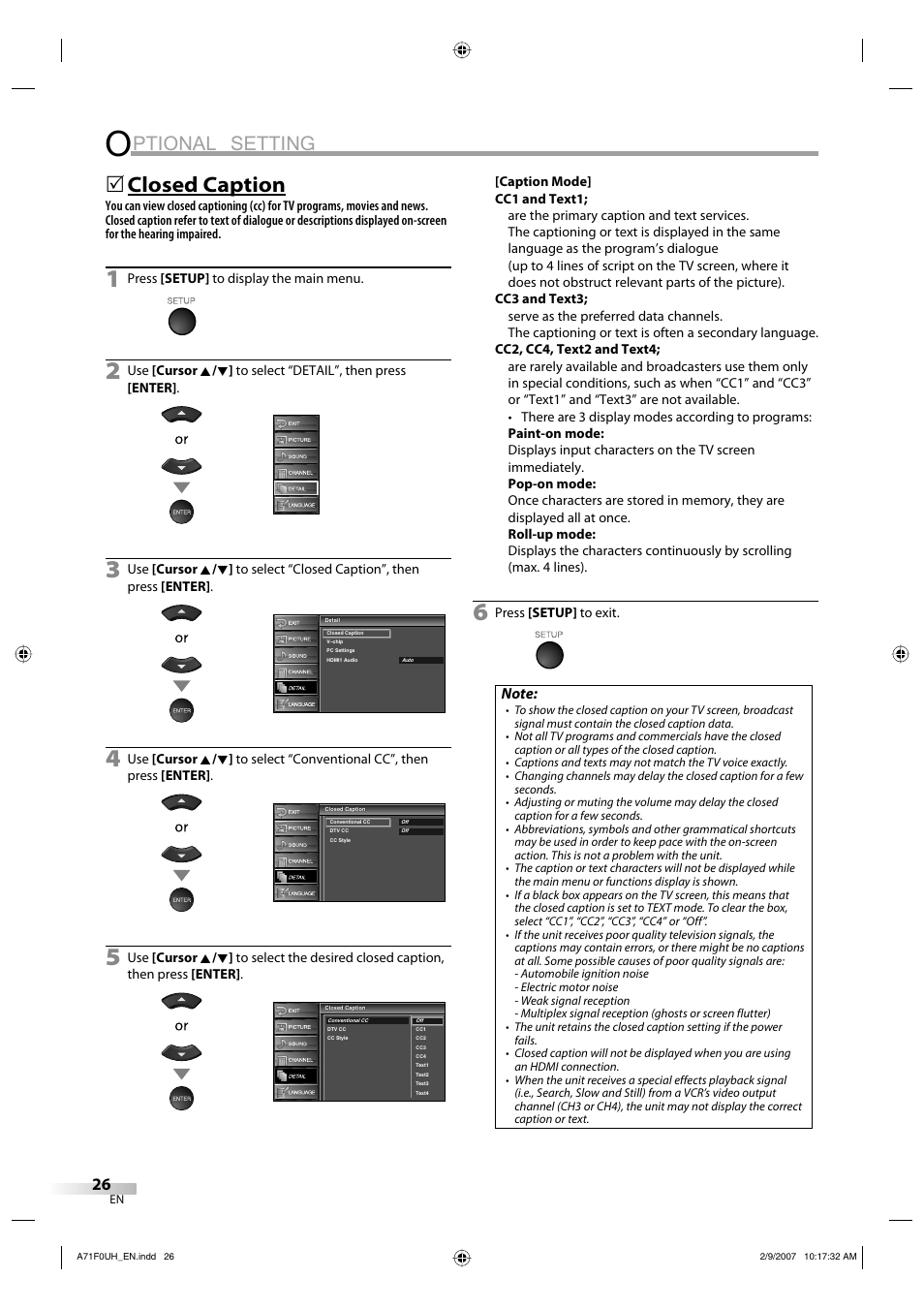 Ptional setting, Closed caption | Sylvania lc320ss8 User Manual | Page 26 / 40