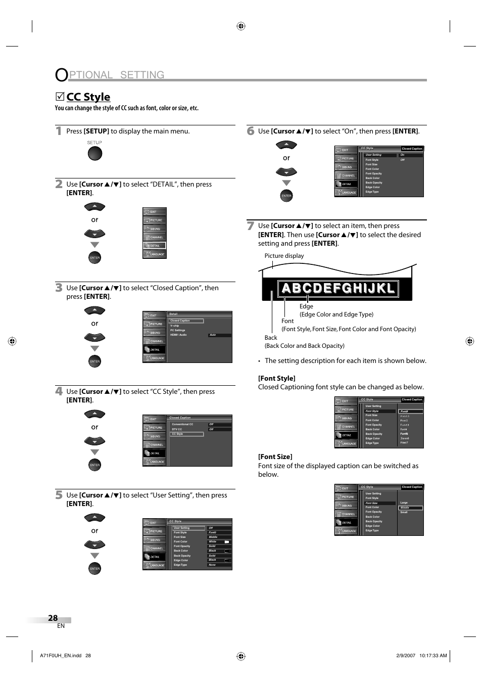 Ptional setting, Cc style, Press [setup] to display the main menu | Sylvania lc320ss8 User Manual | Page 28 / 40