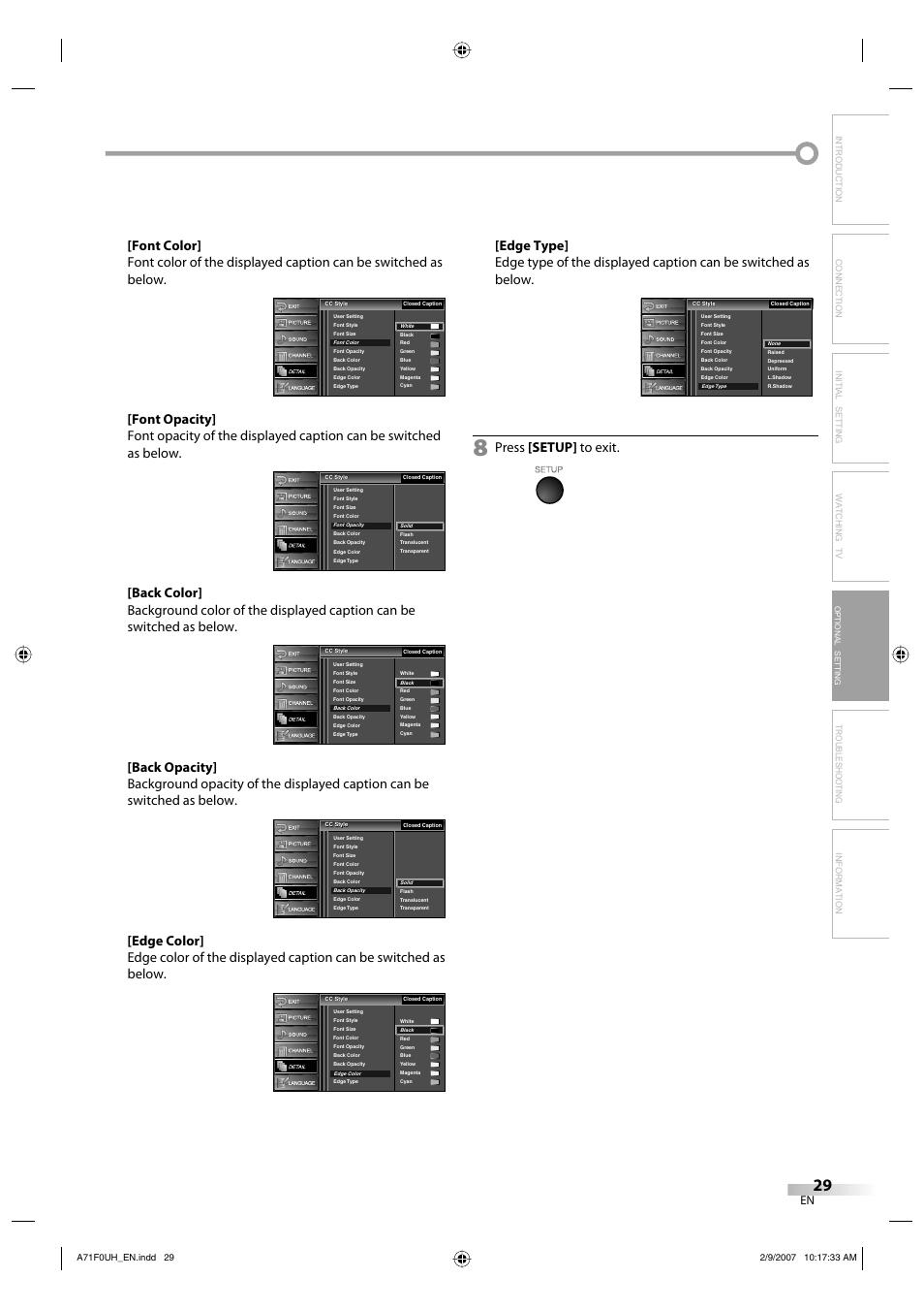 Press [setup] to exit, Optional setting | Sylvania lc320ss8 User Manual | Page 29 / 40