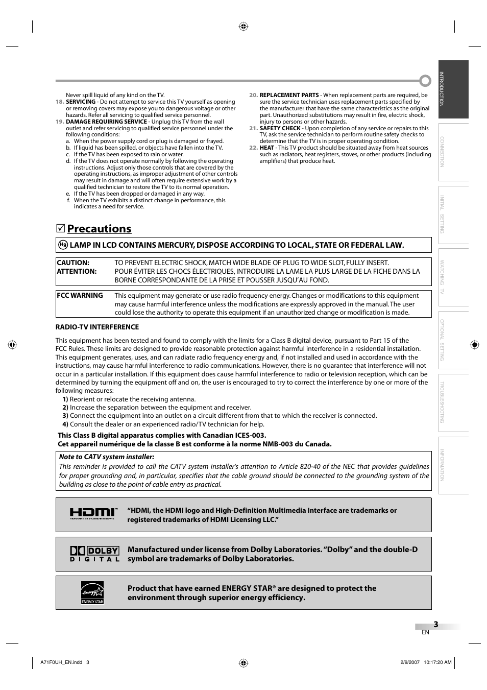 Precautions | Sylvania lc320ss8 User Manual | Page 3 / 40