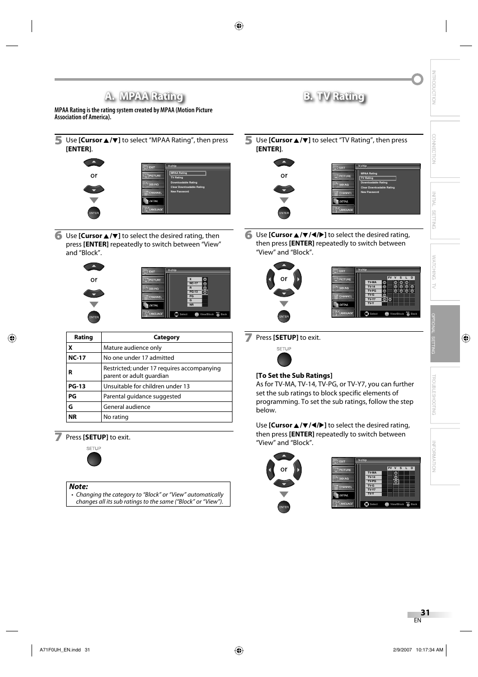 A. mpaa rating, B. tv rating, Troubleshooting information | Press [setup] to exit | Sylvania lc320ss8 User Manual | Page 31 / 40