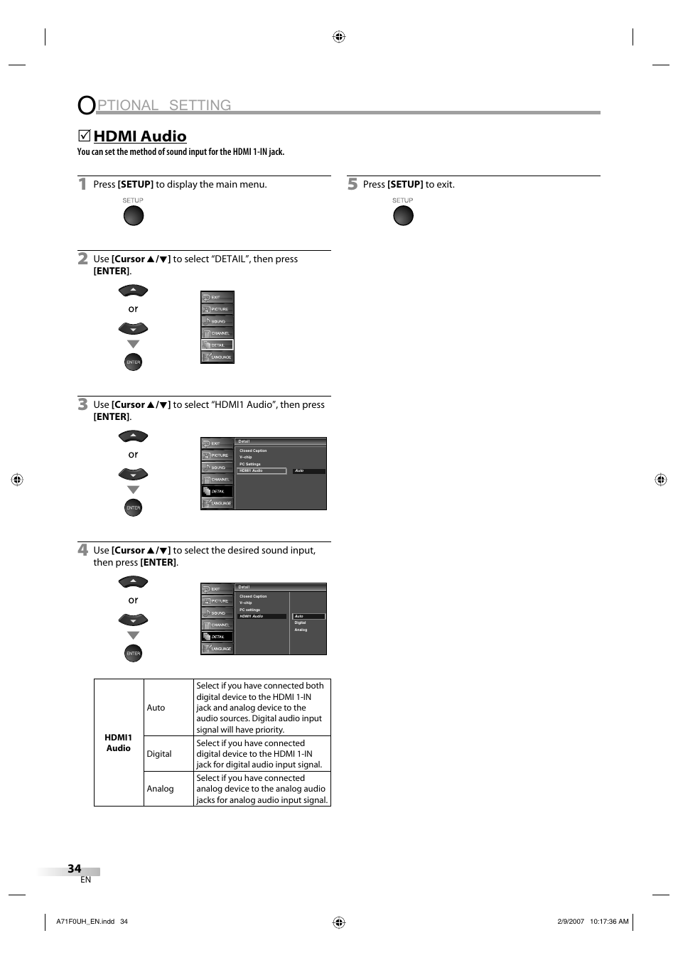 Ptional setting, Hdmi audio | Sylvania lc320ss8 User Manual | Page 34 / 40
