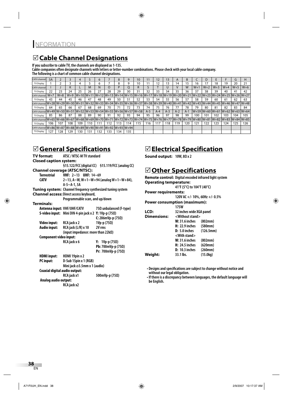 Nformation, General specifications, 5electrical specification | Other specifications, Cable channel designations 5 | Sylvania lc320ss8 User Manual | Page 38 / 40