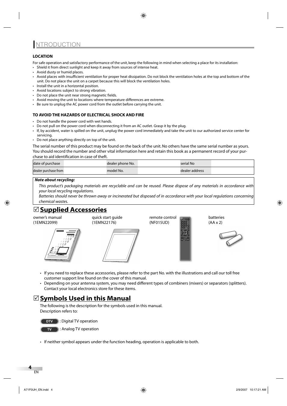 Ntroduction, Symbols used in this manual, Supplied accessories | Sylvania lc320ss8 User Manual | Page 4 / 40