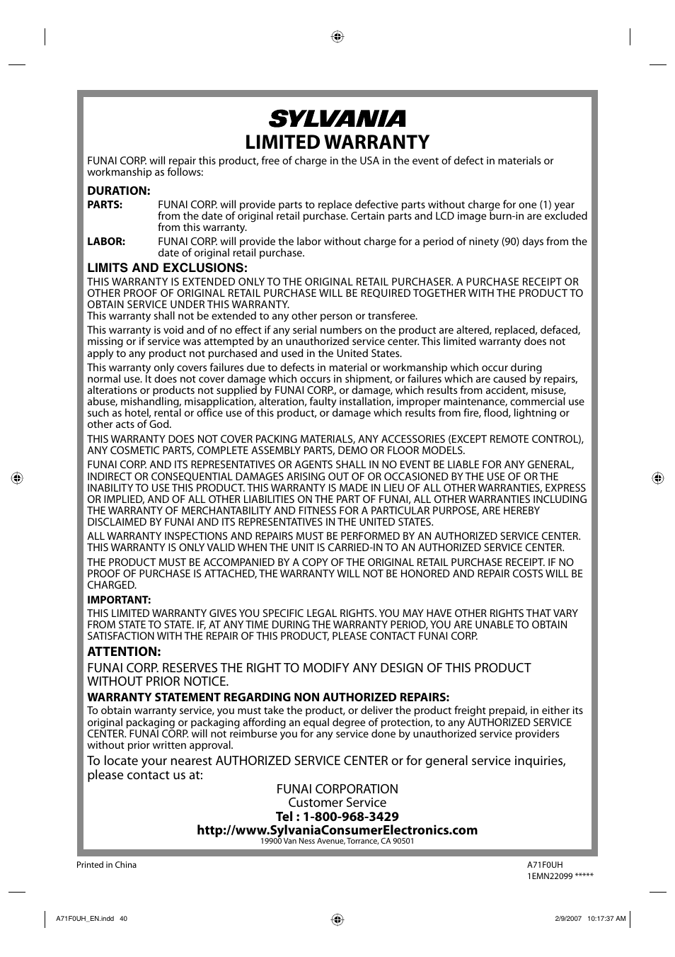 Limited warranty | Sylvania lc320ss8 User Manual | Page 40 / 40