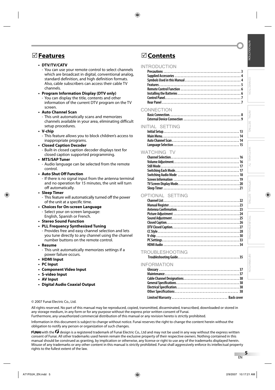 Introduction, Connection, Initial setting | Watching tv, Optional setting, Troubleshooting, Information, Contents 5, Features 5 | Sylvania lc320ss8 User Manual | Page 5 / 40