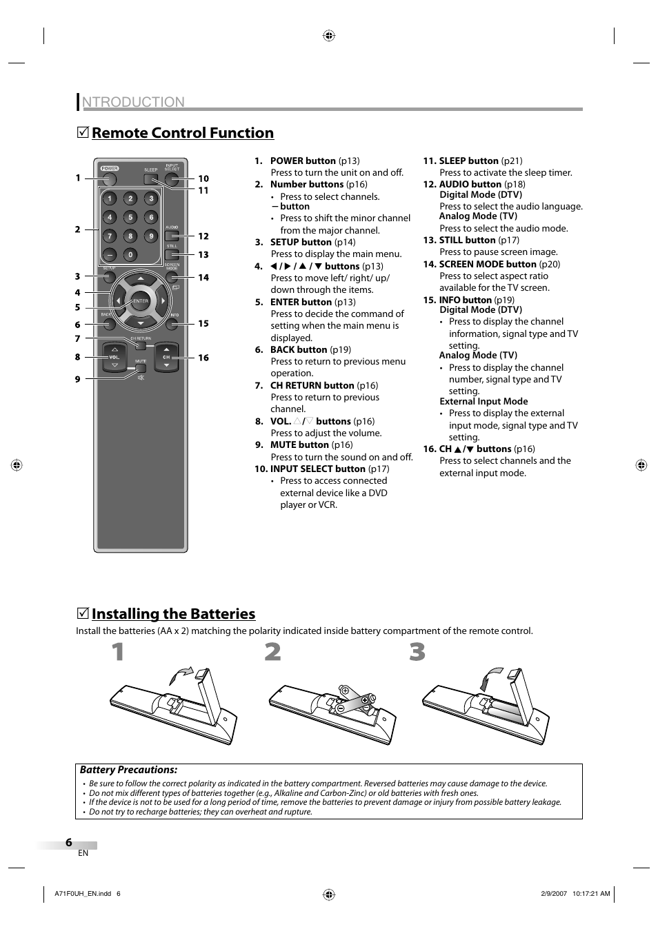 Ntroduction, Remote control function 5, Installing the batteries | Sylvania lc320ss8 User Manual | Page 6 / 40