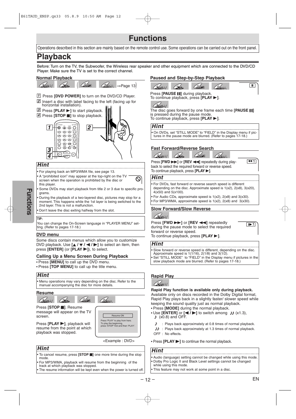 Playback, Functions, Hint | Label | Sylvania HT6051FB User Manual | Page 12 / 28