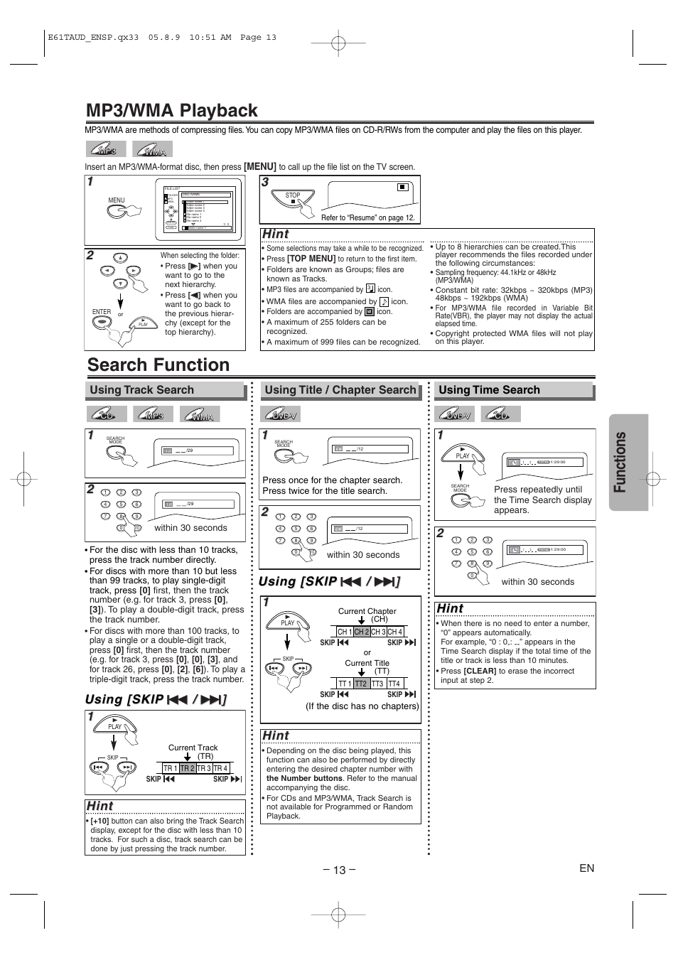 Search function, Mp3/wma playback, Functions | Using [skip, Hint, Using time search, Using track search, Using title / chapter search | Sylvania HT6051FB User Manual | Page 13 / 28