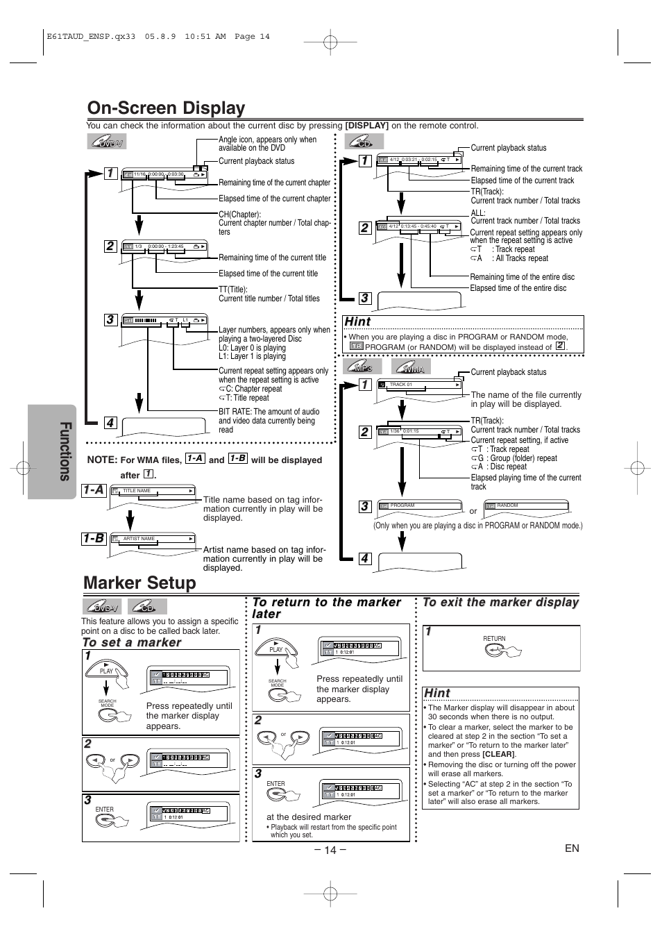 Marker setup, On-screen display, Functions | Hint, A 1-b 1-b | Sylvania HT6051FB User Manual | Page 14 / 28