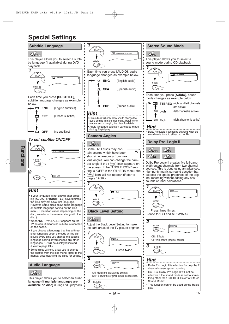 Special settings, Functions, Hint | Subtitle language, Dolby pro logic ii, Stereo sound mode, Camera angles, Black level setting, Audio language | Sylvania HT6051FB User Manual | Page 16 / 28