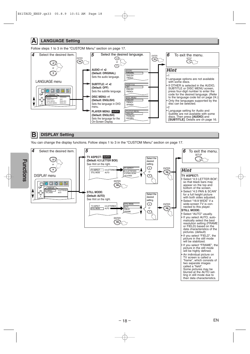 Functions, Hint, Language setting | Display setting | Sylvania HT6051FB User Manual | Page 18 / 28