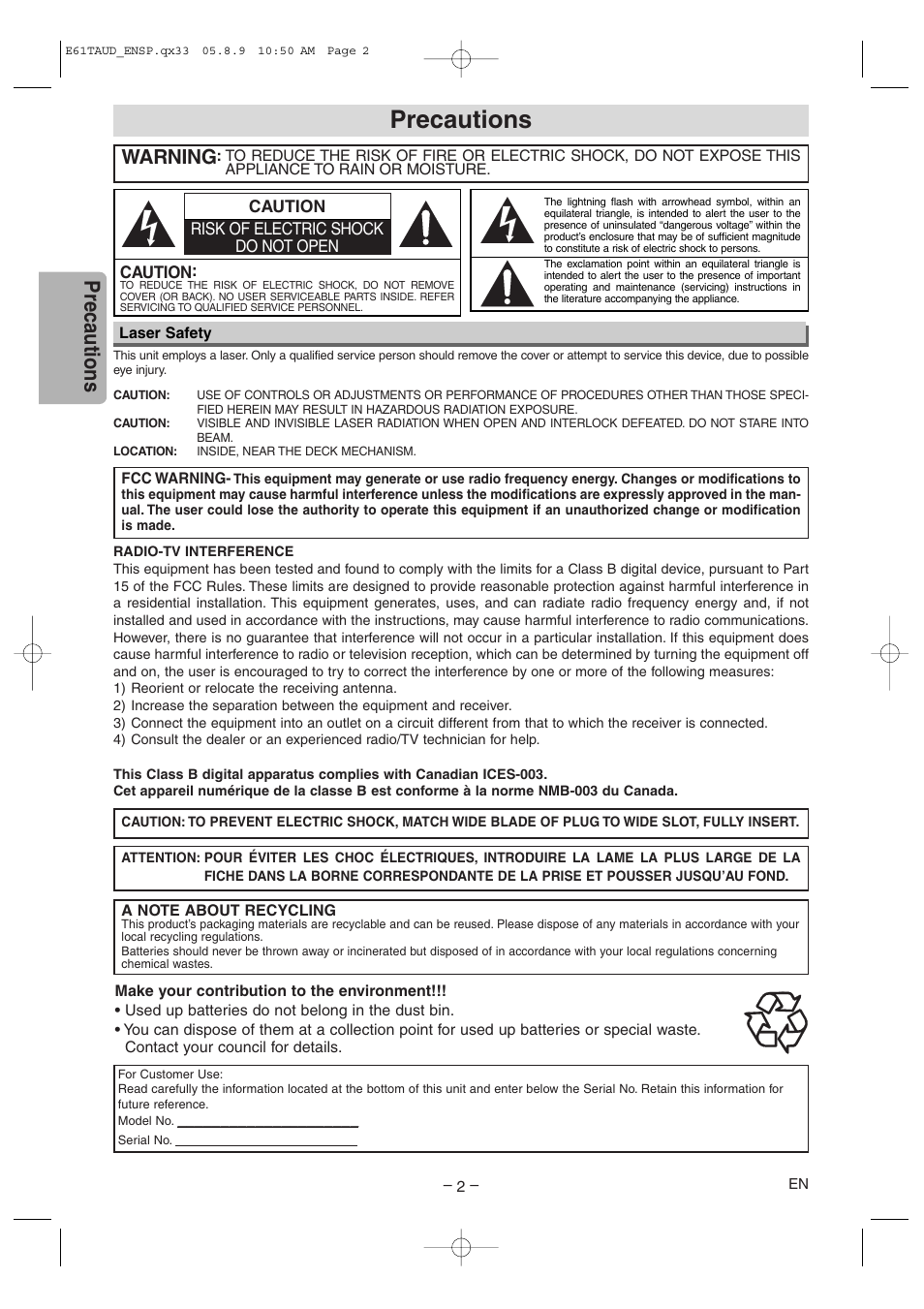 Precautions, Warning | Sylvania HT6051FB User Manual | Page 2 / 28