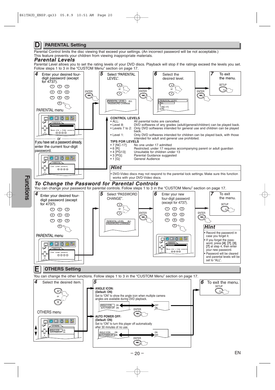 Functions, Parental arental le le vels vels, Hint | Parental setting, Others setting | Sylvania HT6051FB User Manual | Page 20 / 28