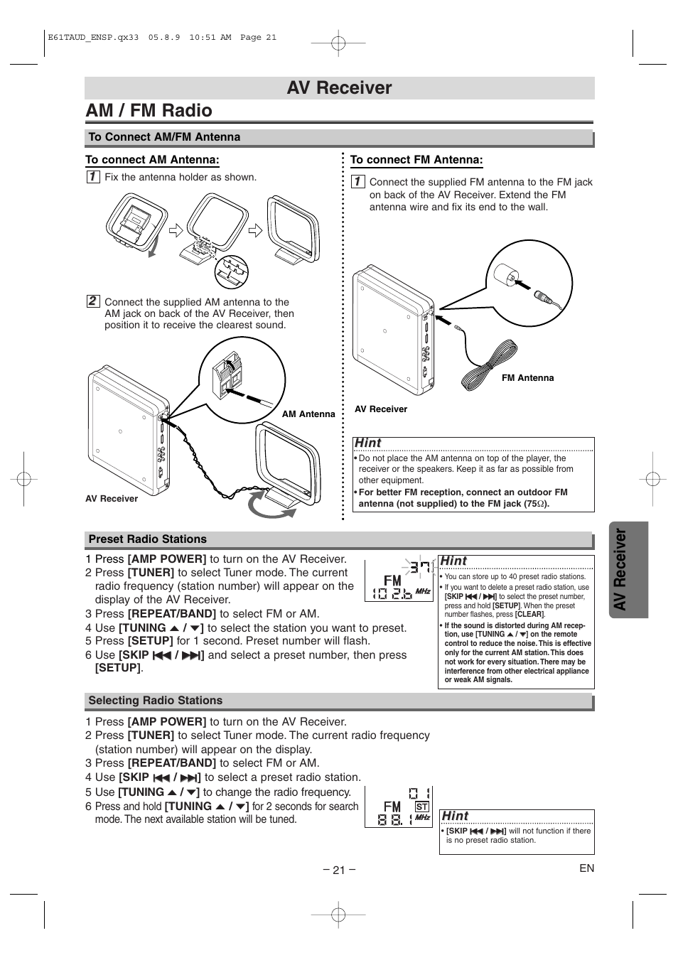 Av receiver, Am / fm radio | Sylvania HT6051FB User Manual | Page 21 / 28