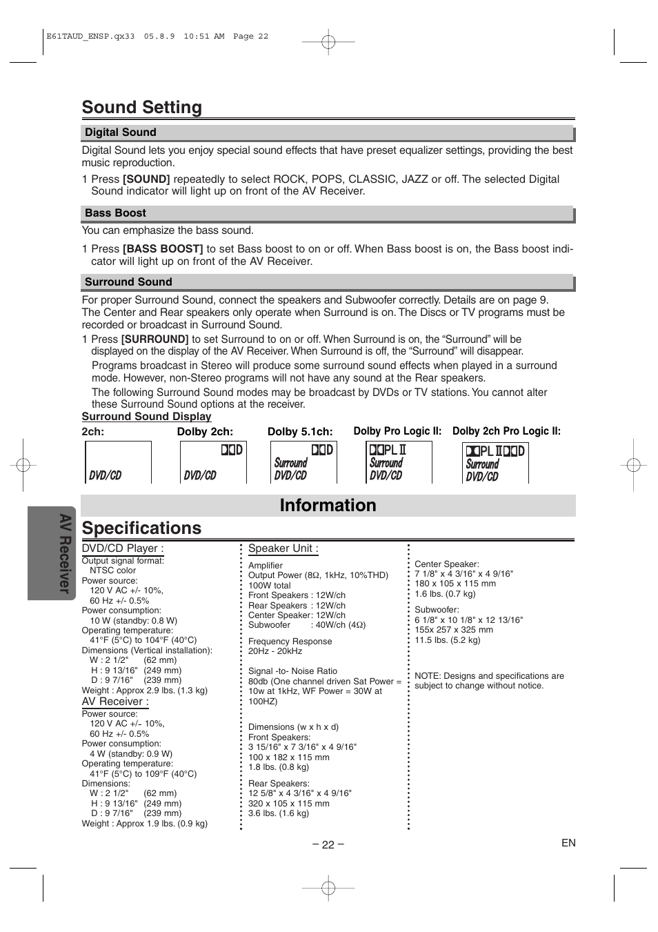 Specifications information, Sound setting, Av receiver | Sylvania HT6051FB User Manual | Page 22 / 28