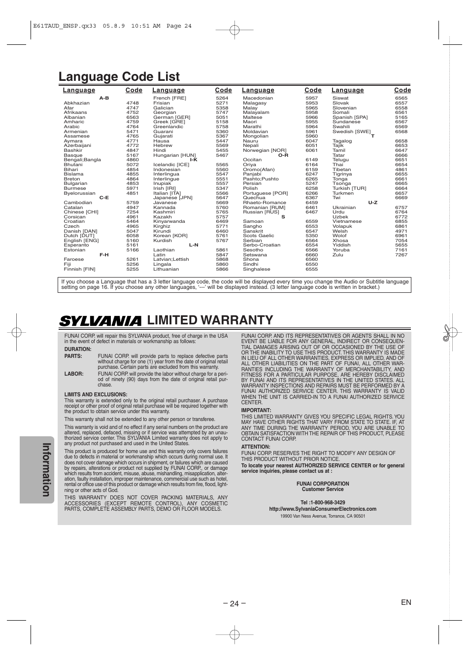 Limited warranty, Language code list, Inf ormation | Sylvania HT6051FB User Manual | Page 24 / 28