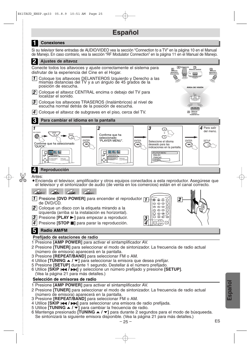 Español, Conexiones, Ajustes de altavoz | Radio am/fm, Reproducción | Sylvania HT6051FB User Manual | Page 25 / 28