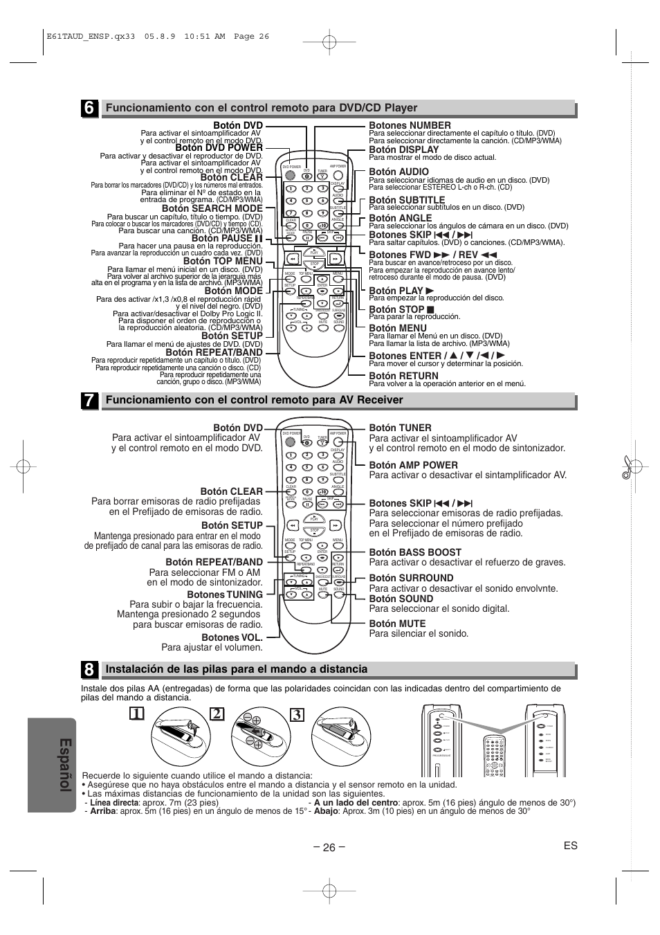 Español, Instalación de las pilas para el mando a distancia | Sylvania HT6051FB User Manual | Page 26 / 28