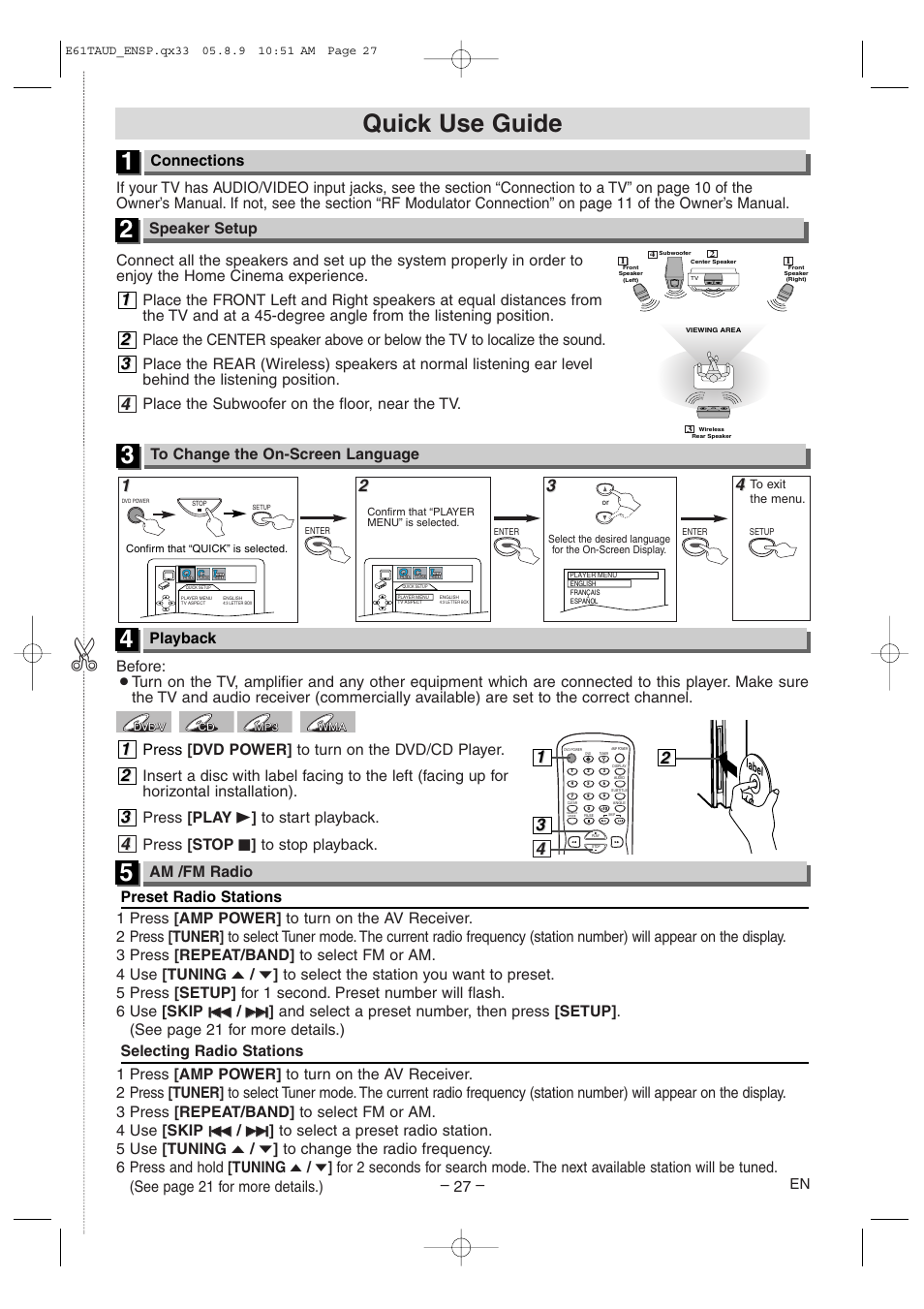 Quick use guide, Connections, Speaker setup | Sylvania HT6051FB User Manual | Page 27 / 28