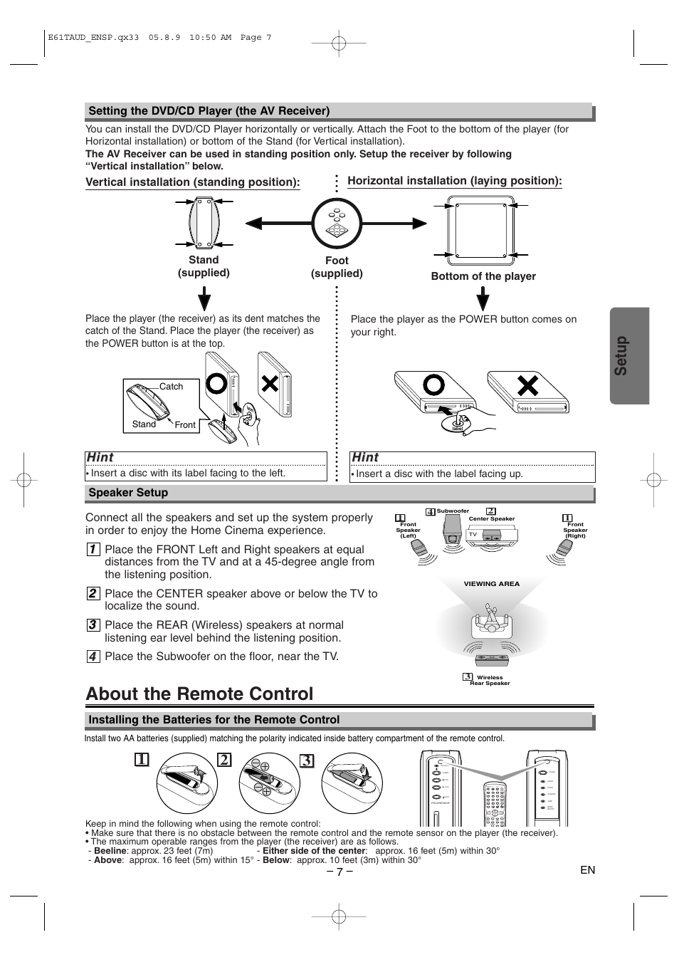 About the remote control, Setup, Hint | Setting the dvd/cd player (the av receiver), Installing the batteries for the remote control | Sylvania HT6051FB User Manual | Page 7 / 28