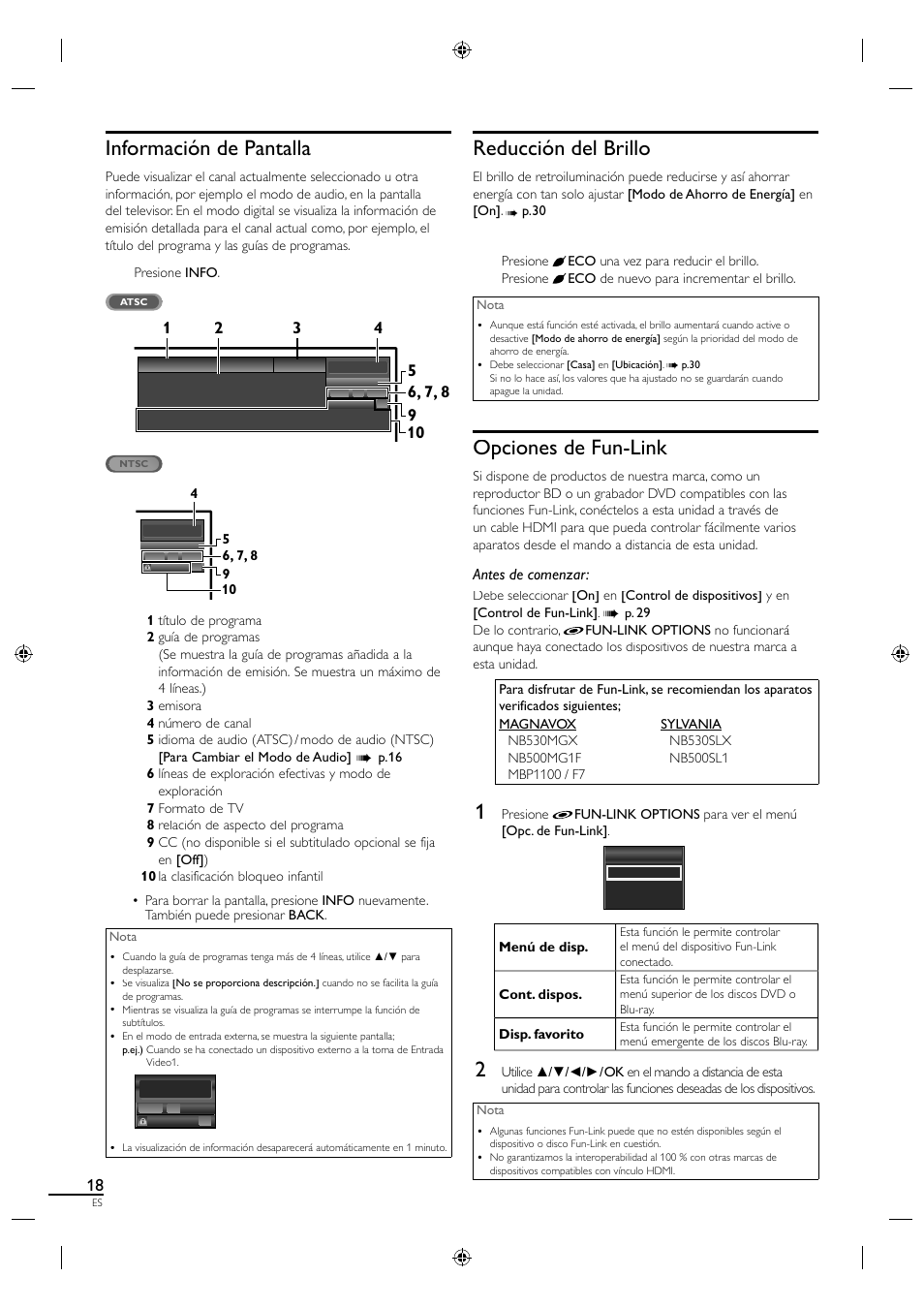 Información de pantalla, Reducción del brillo, Opciones de fun-link | Antes de comenzar | Sylvania A01PDUH User Manual | Page 100 / 120
