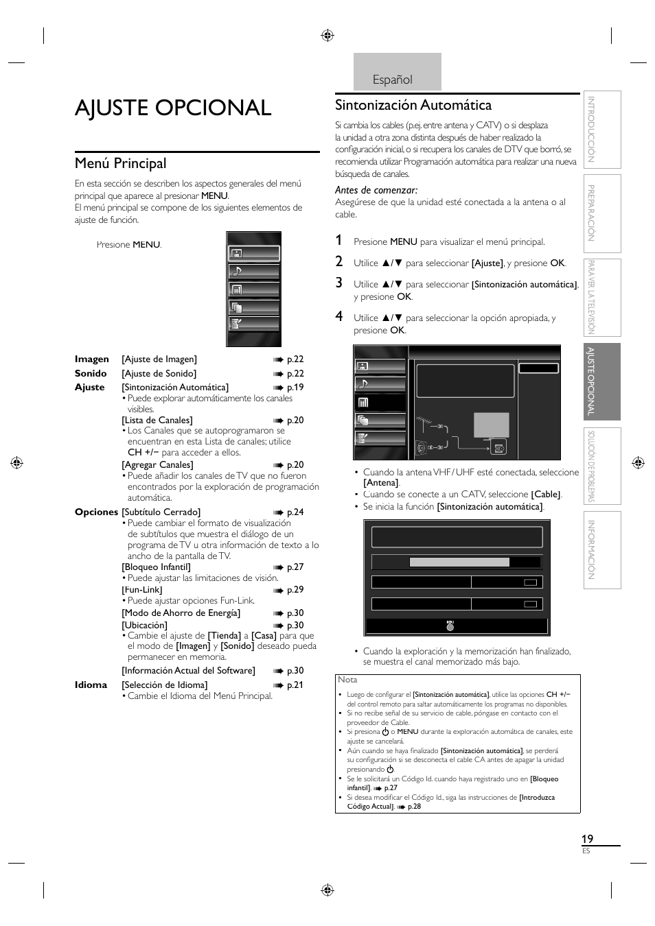 Ajuste opcional, Menú principal, Sintonización automática | Español | Sylvania A01PDUH User Manual | Page 101 / 120
