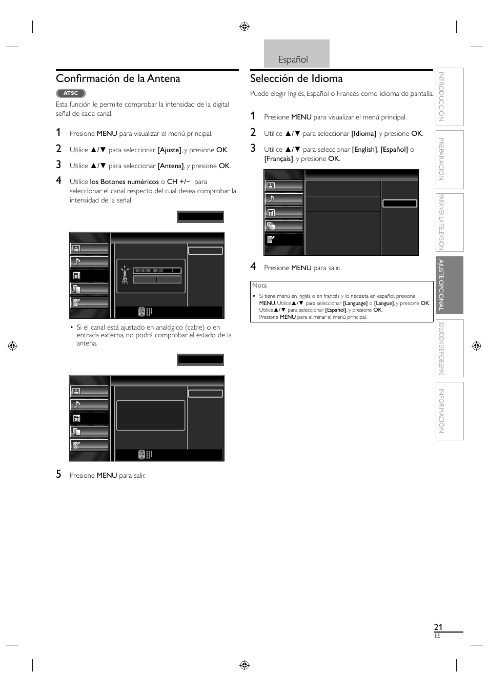 Confi rmación de la antena, Selección de idioma, Español | Video1 | Sylvania A01PDUH User Manual | Page 103 / 120