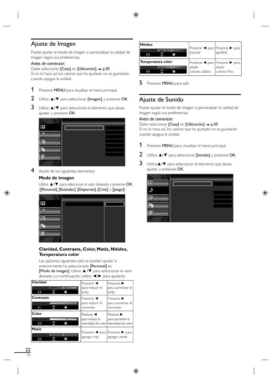 Ajuste de imagen, Ajuste de sonido, Antes de comenzar | Mode de imagen, Temperatura color | Sylvania A01PDUH User Manual | Page 104 / 120